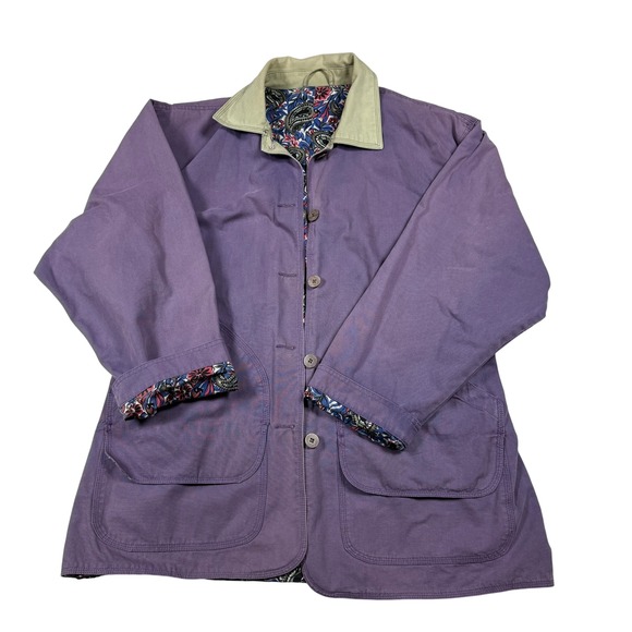 VTG Reversible Plum Utility Jacket Women's L Paisley Floral Lined Chore Coat 90s - Picture 2 of 12